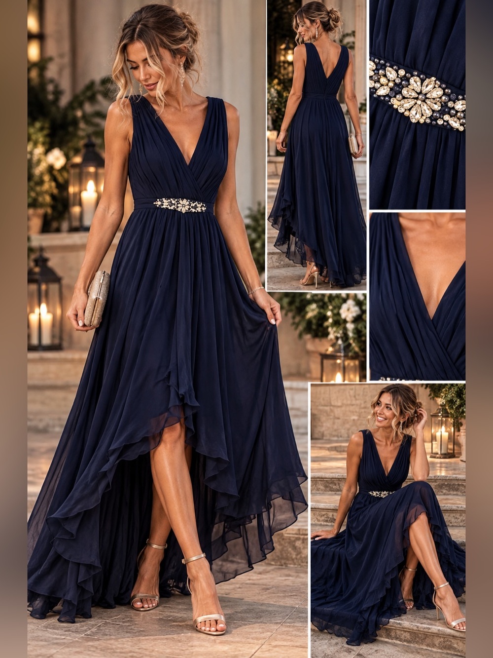 Eliza J Navy Chiffon Embellished High-Low Maxi Dress Size 10 NWT